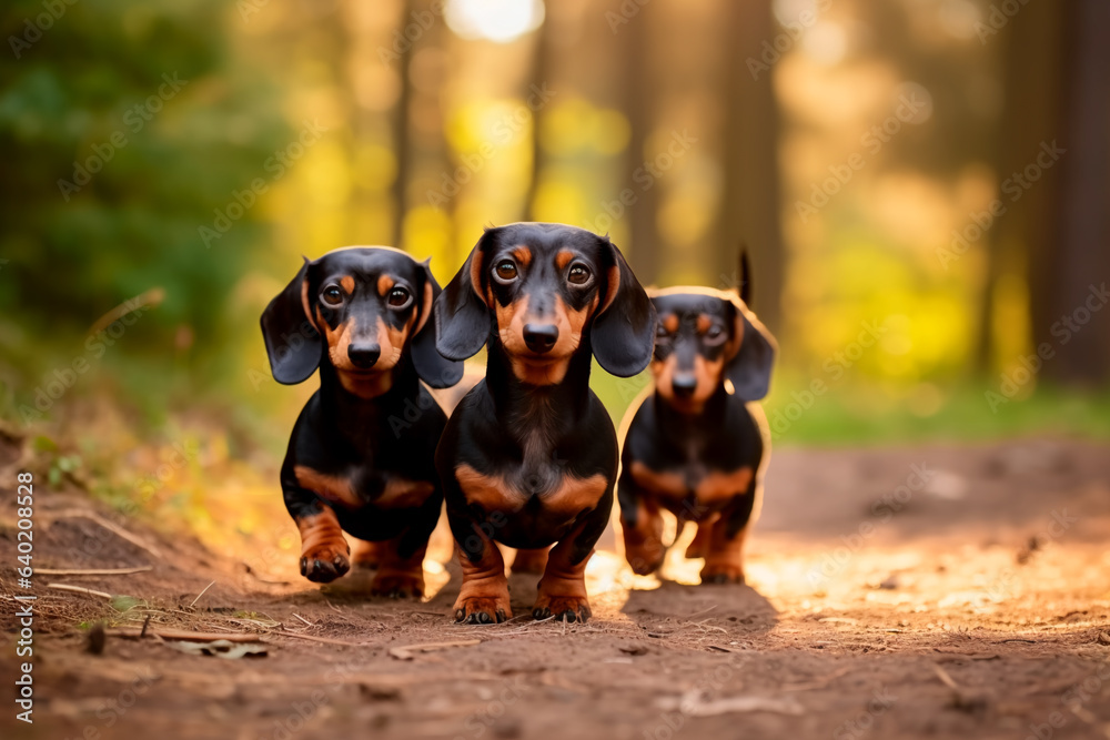 A beautiful family of dachshund dogs on a beautiful natural background. The dog is walking in the park