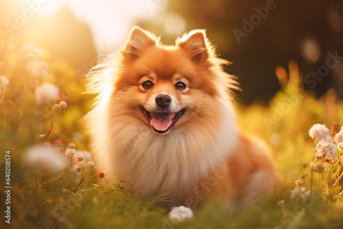 Spitz dog on a natural background. Dog on a walk in the park. AI Generated © Uliana