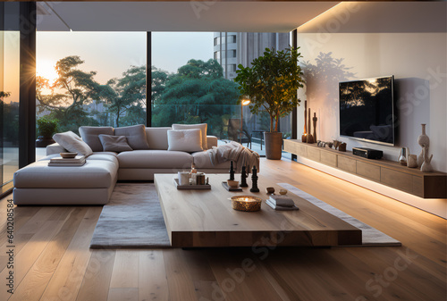 living room with sofa and led tv attached to wall that has white counter space and a wooden floor, in the style of amadeo de souza-cardoso, staged photography, artus scheiner, clean and simple designs