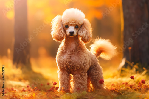 A beautiful poodle dog on a beautiful natural background. The dog is walking in the park