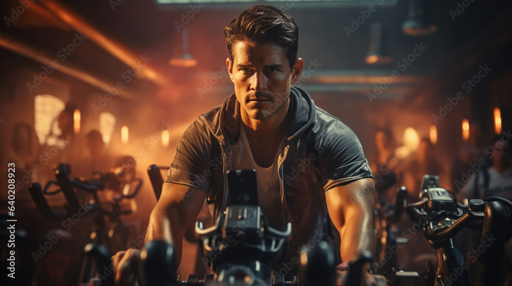 Man training on exercise bike in fitness club. Man training on exercise bike in fitness club.