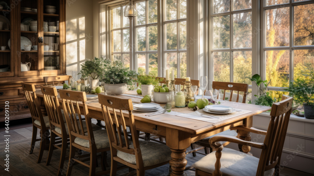 Dining room with rustic décor, a combination of modern and rustic style