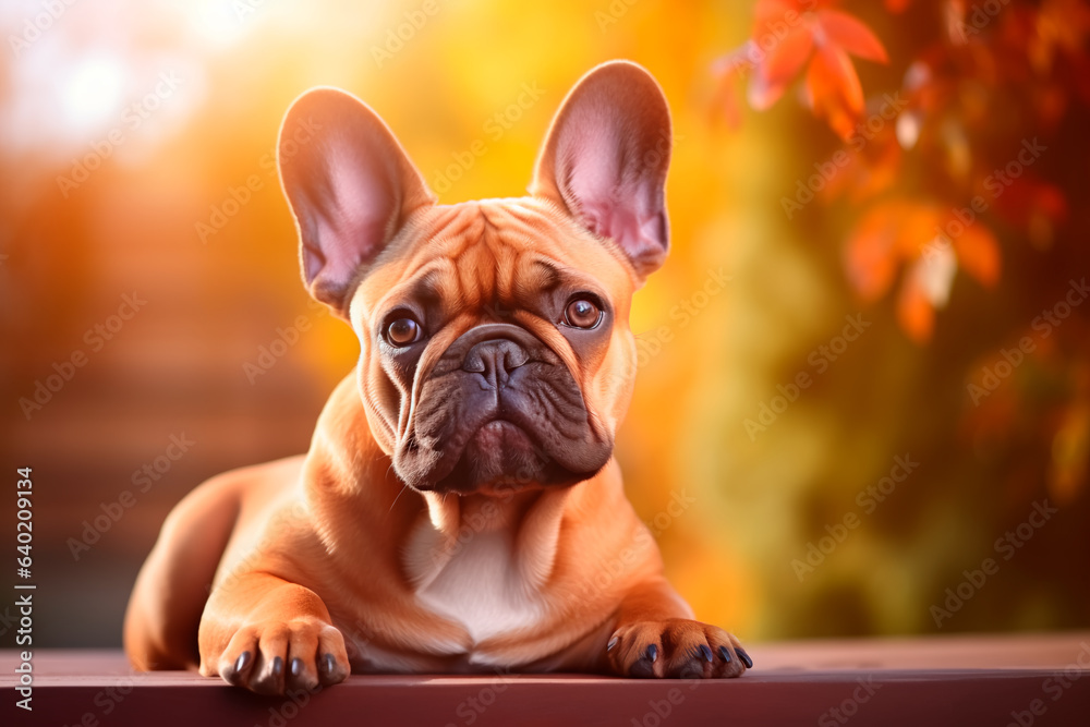 A dog of the French bulldog breed on a natural background. A dog on a walk in the park