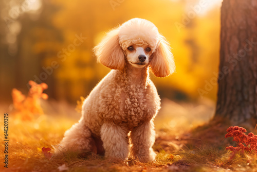 A beautiful poodle dog on a beautiful natural background. The dog is walking in the park