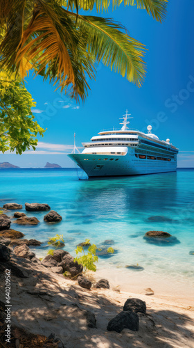 Luxury cruise ship near tropical paradise island, vacation at sea
