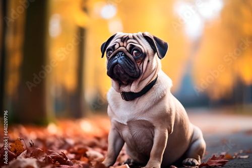 A dog of the pug breed on a natural background. A dog on a walk in the park