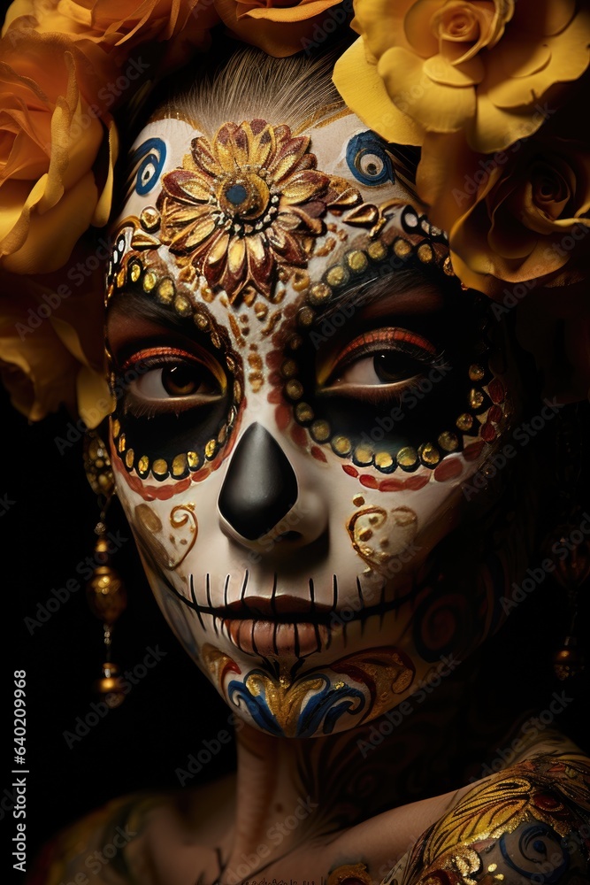 Festive make-up of a Mexican woman. Day of the Dead, Halloween. Concept of Katrina