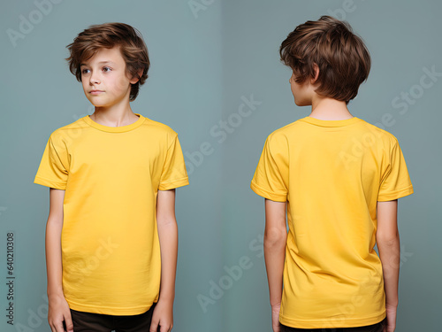 Front and back views of a little boy wearing a yellow T-shirt