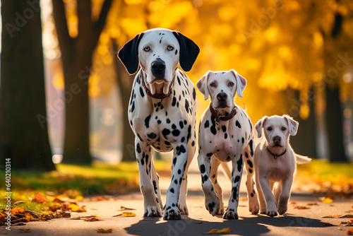 A family of Dalmatian dogs on a natural background. A dog on a walk in the park