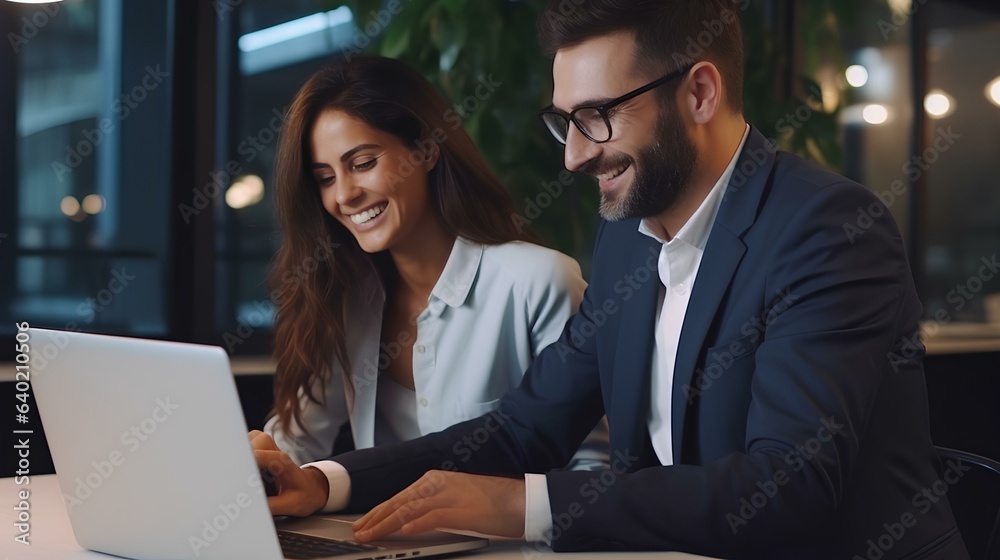 Smiling man and woman in the office, businessmen sitting at a desk with a laptop, discussing a project, negotiating.