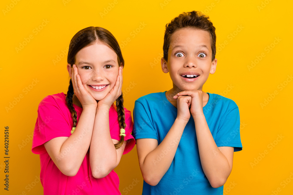 Photo of excited adorable preteen schoolchildren wear t-shirts hands cheeks cheekbones chin isolated yellow color background Photo of excited adorable preteen schoolchildren wear t-shirts hands cheeks cheekbones chin isolated yellow color background