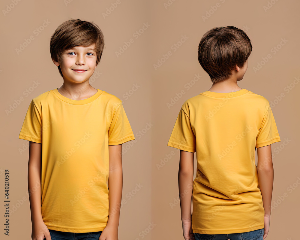 Front and back views of a little boy wearing a yellow T-shirt Front and back views of a little boy wearing a yellow T-shirt