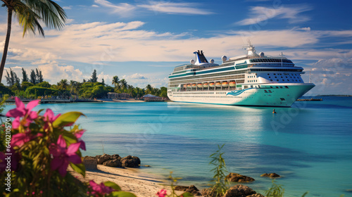 Luxury cruise ship near tropical paradise island, vacation at sea © pundapanda