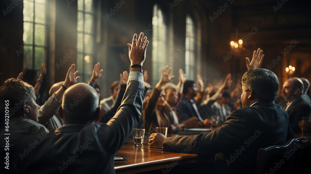 Meeting with business people hands raised. - obrazy, fototapety, plakaty 