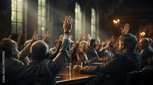 Meeting with business people hands raised. photo