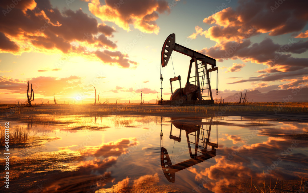 Oil pump oil rig energy industrial machine for petroleum in the sunset