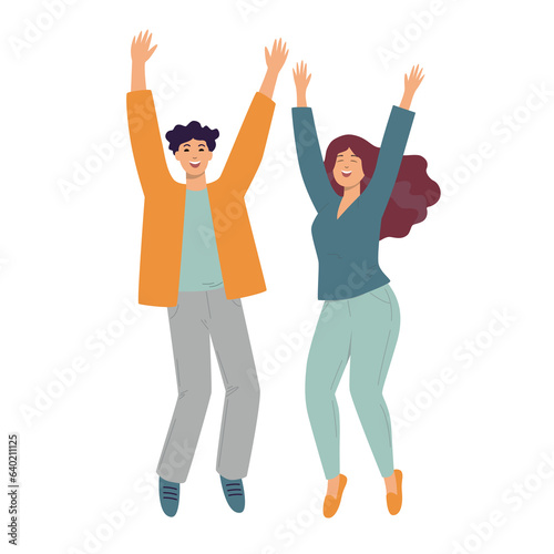 Happy jumping man and woman. Flat Illustration on transparent background