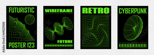 Abstract retro futuristic geometric y2k posters, wall art, t-shirt prints, banners. Wireframe 3d shapes