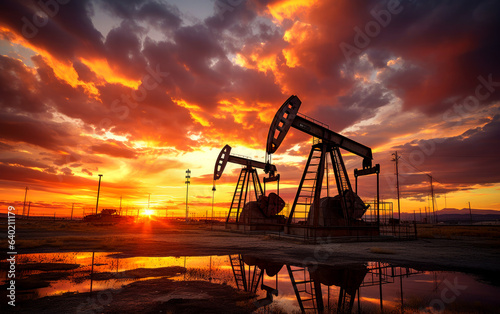Oil pump oil rig energy industrial machine for petroleum in the sunset background for design. AI generated