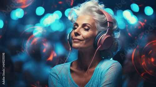 Mature woman delighting in music using large headphones, lost in the rhythm