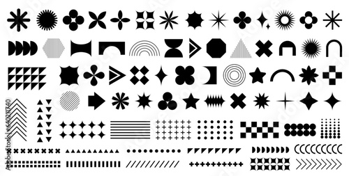 Brutalism abstract geometric shapes. Vector set of retro y2k minimal graphic icons, logos, design elements