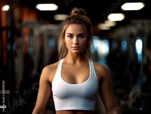 Sportive young woman in a gym training. Working out in a fitness gym. AI generated