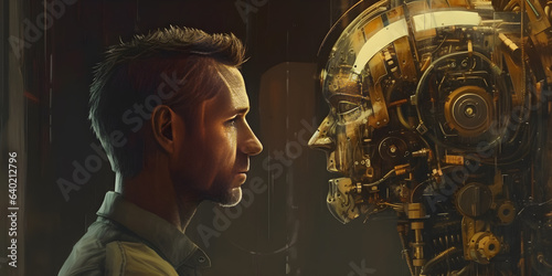 The man looks at the robot carefully, both in profile. Tensions between humans and robots.