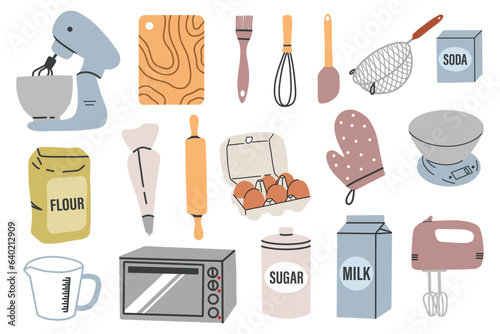Baking tool and ingredient.Mixer, rolling pin, sugar and flour.