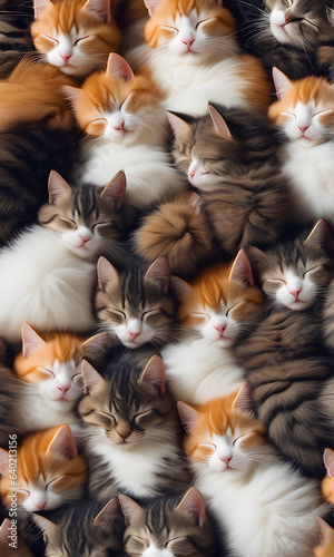 A pile of different type cute fluffy kittens sleeping together