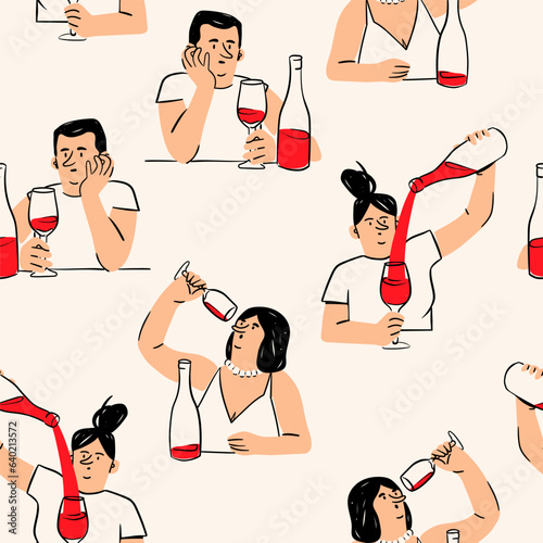 People drink Wine from the glass. Person sitting with bottle of alcohol. Hand drawn Vector illustration. Hangover, addiction, bad habit, mood, alcoholism concept. Square seamless Pattern