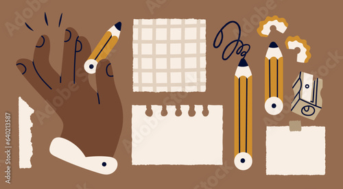 Hand holding pencil, sharpener, checked paper, blank paper, sticky note. Reminder, office, planner concept. Hand drawn Vector illustration. Cartoon style. Isolated elements. Design templates
