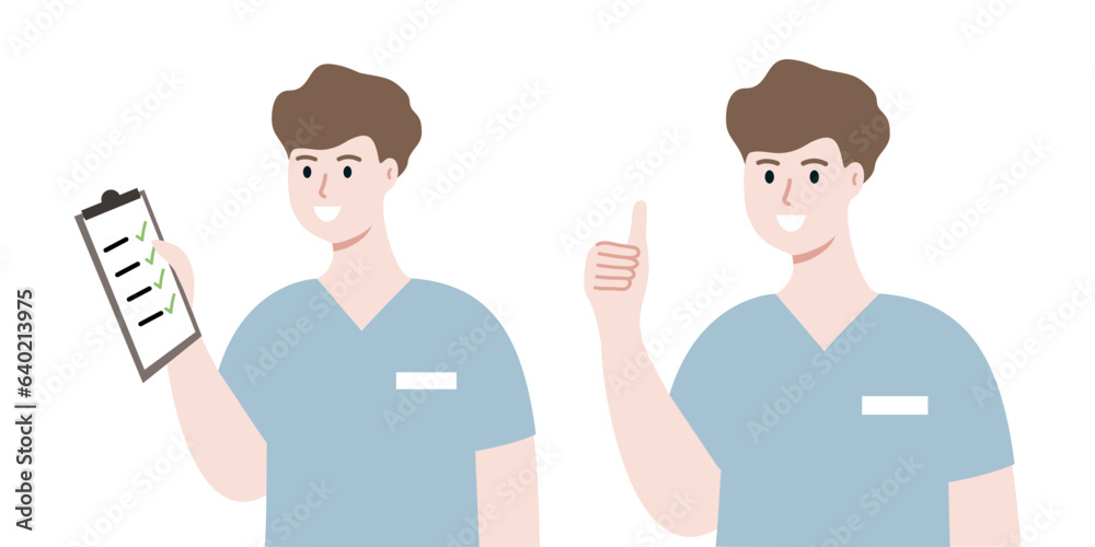 Set of Smiling Medical Staff showing thumbs up and holding clipboard report. Medicine, healthcare, treatment concepts. Flat cartoon people character vector design isolated illustration. Set of Smiling Medical Staff showing thumbs up and holding clipboard report. Medicine, healthcare, treatment concepts. Flat cartoon people character vector design isolated illustration.