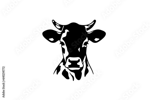 Black cow head logotype for meat industry or farmers market hand drawn stamp effect vector illustration.