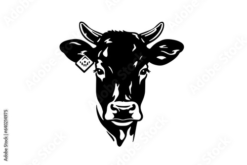 Black cow head logotype for meat industry or farmers market hand drawn stamp effect vector illustration.