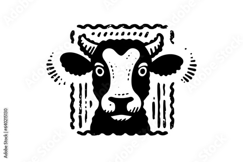 Black cow head logotype for meat industry or farmers market hand drawn stamp effect vector illustration.