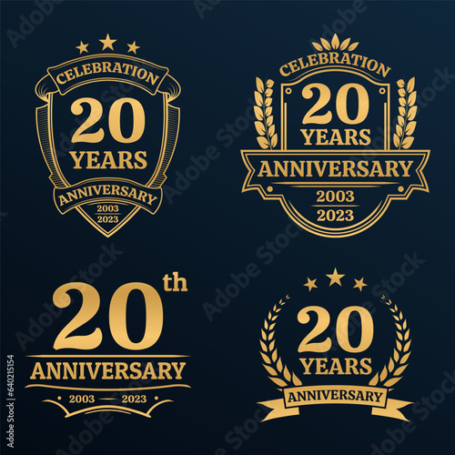 10 years anniversary icon or logo set. Vintage birthday banner design. 10th anniversary jubilee celebration golden badge or label collection. Vector illustration.