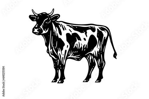 Black cow silhouette for meat industry or farmers market hand drawn stamp effect vector illustration.
