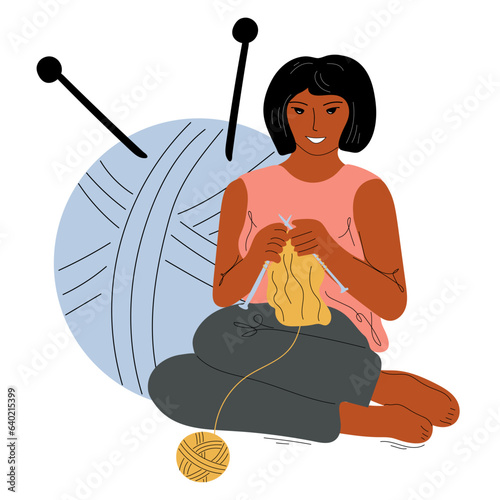 Knitting woman. Young african american female sitting and knitting. Craft hobby. Vector illustration
