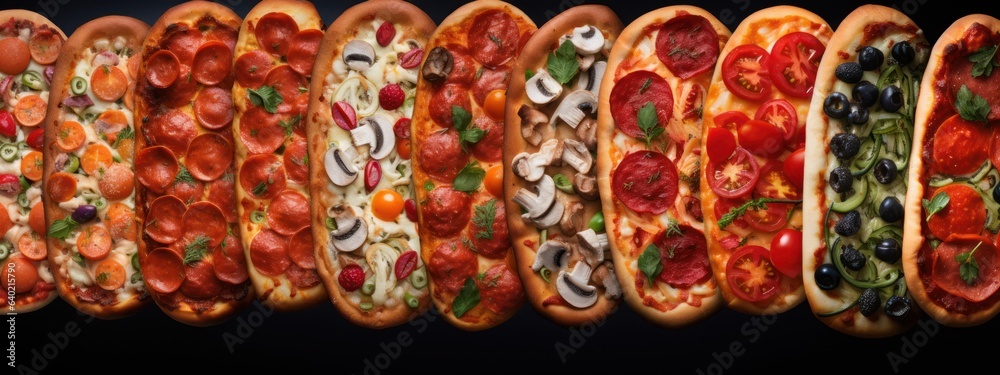 Closeup of many mixed pizzas, top view, seamless pattern. Generative Ai