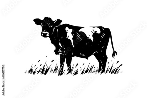 Black cow on the grass silhouette for meat industry or farmers market hand drawn stamp effect vector illustration.
