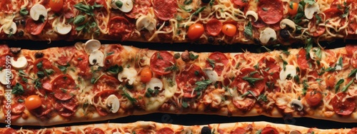 Closeup of many mixed pizzas  top view  seamless pattern. Generative Ai