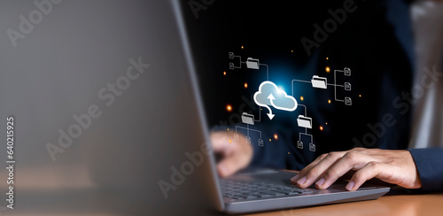 cloud computing shown in hand cloud technology data storage, data transfer, network and internet service concept, internet storage network technology	