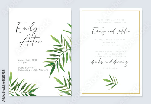 Tropical palm greenery leaf wedding invite card. Green leaves, golden frame, border decoration. Stylish, elegant, minimalist editable design template. Vector art leaf pattern decoration. Template set