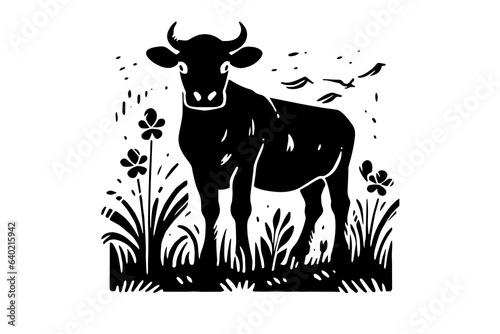 Black cow on the grass silhouette for meat industry or farmers market hand drawn stamp effect vector illustration.