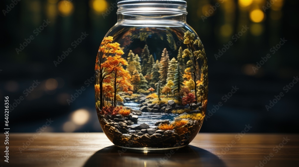 A jar filled with a panorama of a river and trees A jar filled with a panorama of a river and trees