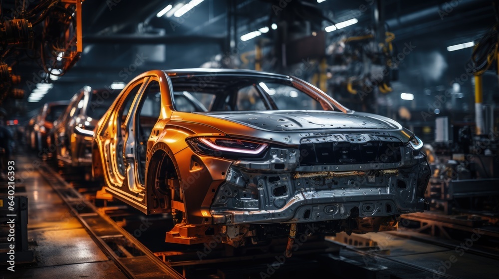 A car being worked on in a factory A car being worked on in a factory