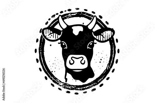 Black cow head logotype for meat industry or farmers market hand drawn stamp effect vector illustration.
