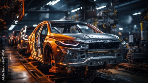 A car being worked on in a factory