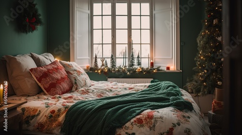 cozy Christmas bedroom with festive bedding, decorated windowsill and a Christmas tree