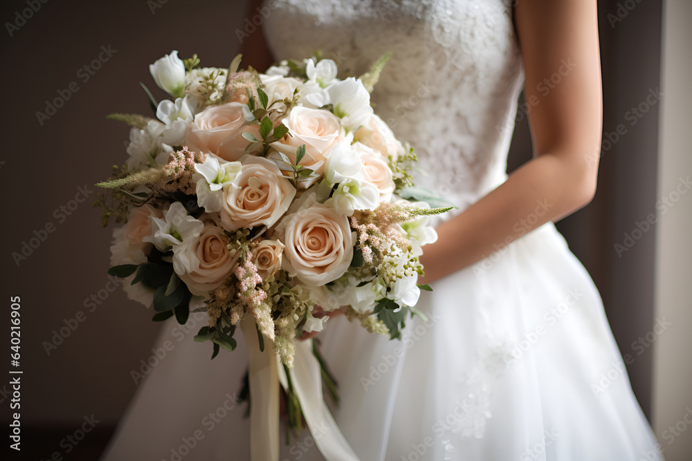 The bride is grasping her bridal bouquet